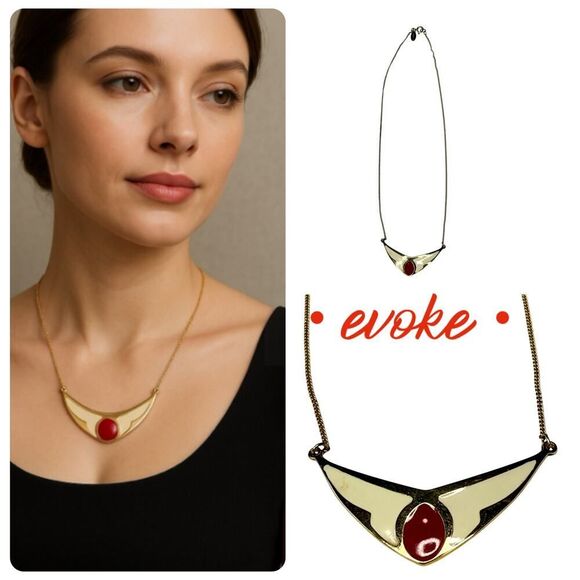 Evoke Gold Enamel Statement Necklace with Red Cabochon Accent** - Picture 1 of 10